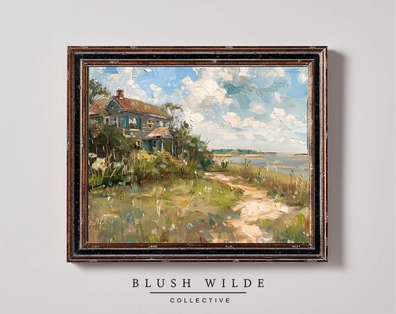 Vintage Coastal Beach House Oil Painting Rustic Seaside Cottage Wall Art
