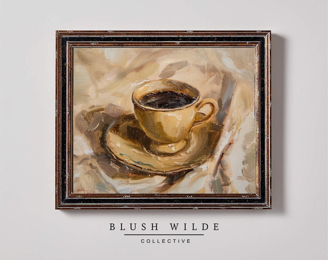 Coffee Cup Still Life Oil Painting Warm Kitchen Morning Art Poster