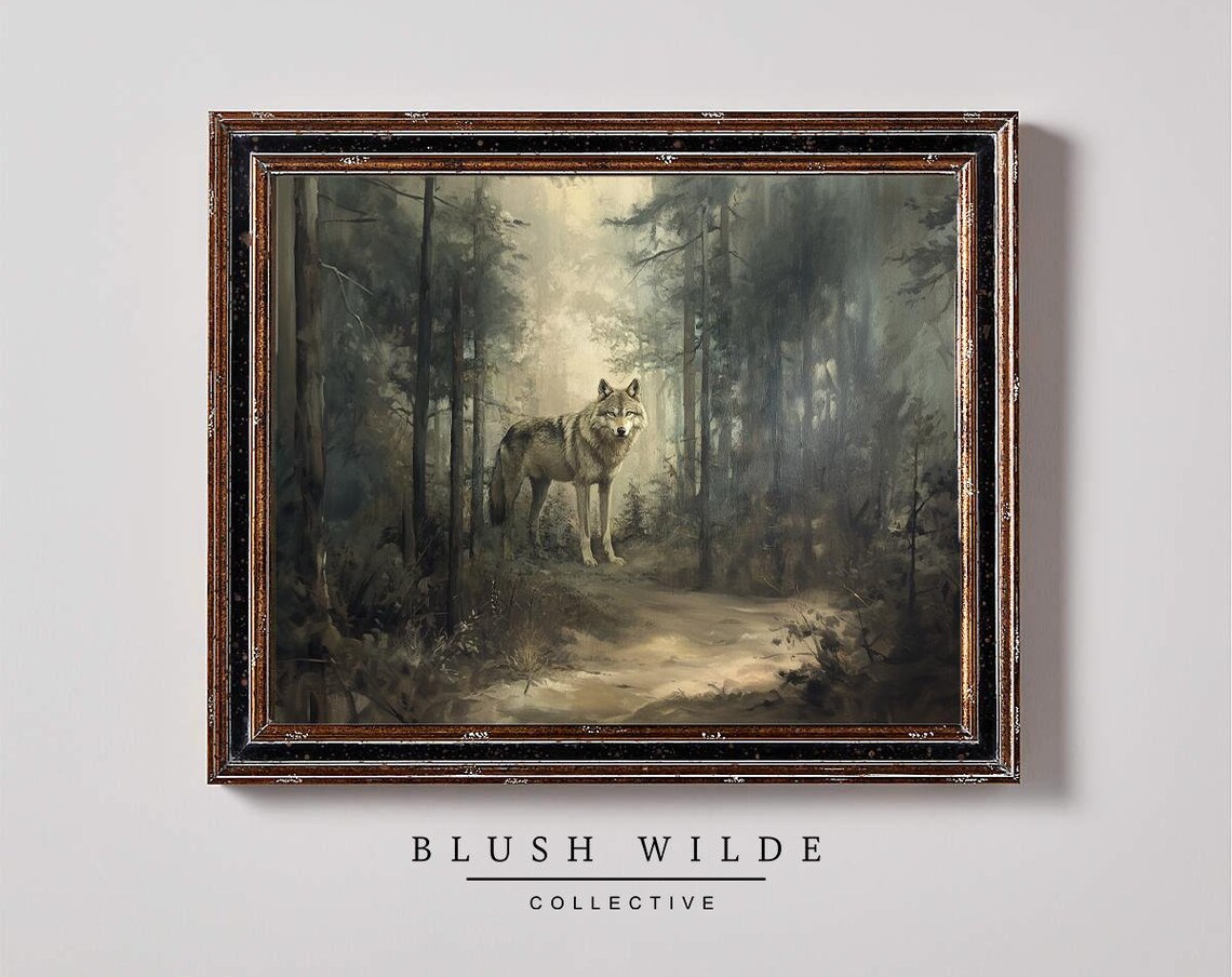 Vintage Wolf Painting Art Print, Moody Forest