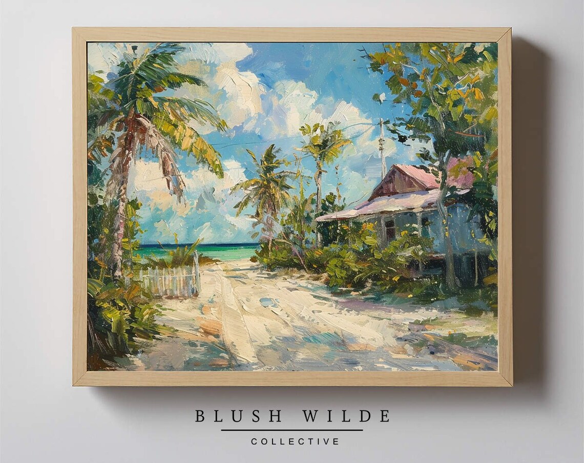 Vintage Florida Beach Painting, Palm Tree Bungalow Art Print
