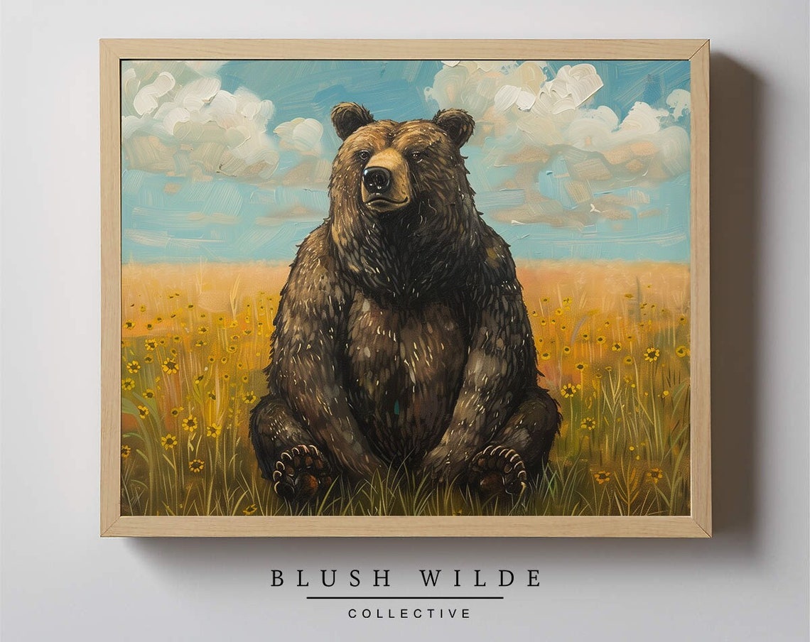 Brown Bear Sitting In Wildflower Meadow Sunny Wildlife Art Poster