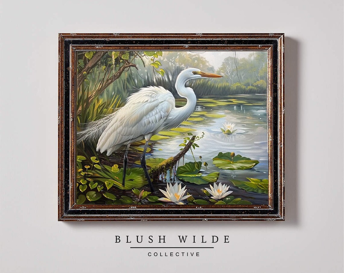 White Egret in Lily Pond Wetland Wildlife Oil Painting Poster