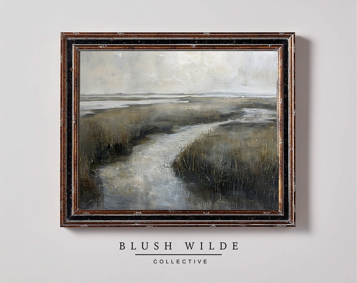 Moody Neutral Marsh Landscape Oil Painting Vintage Muted Wetland Poster