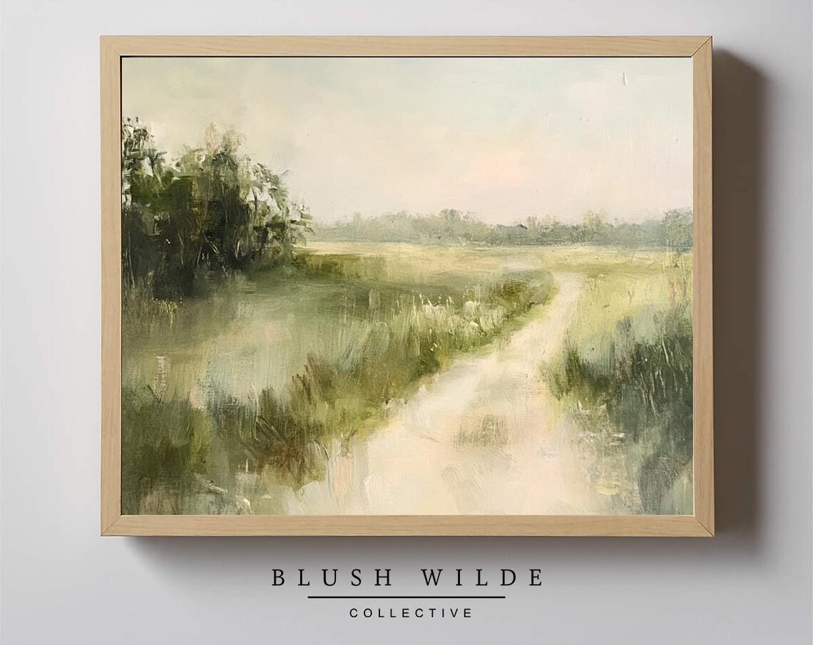 Vintage Grassy Landscape Art Print, Rustic Style