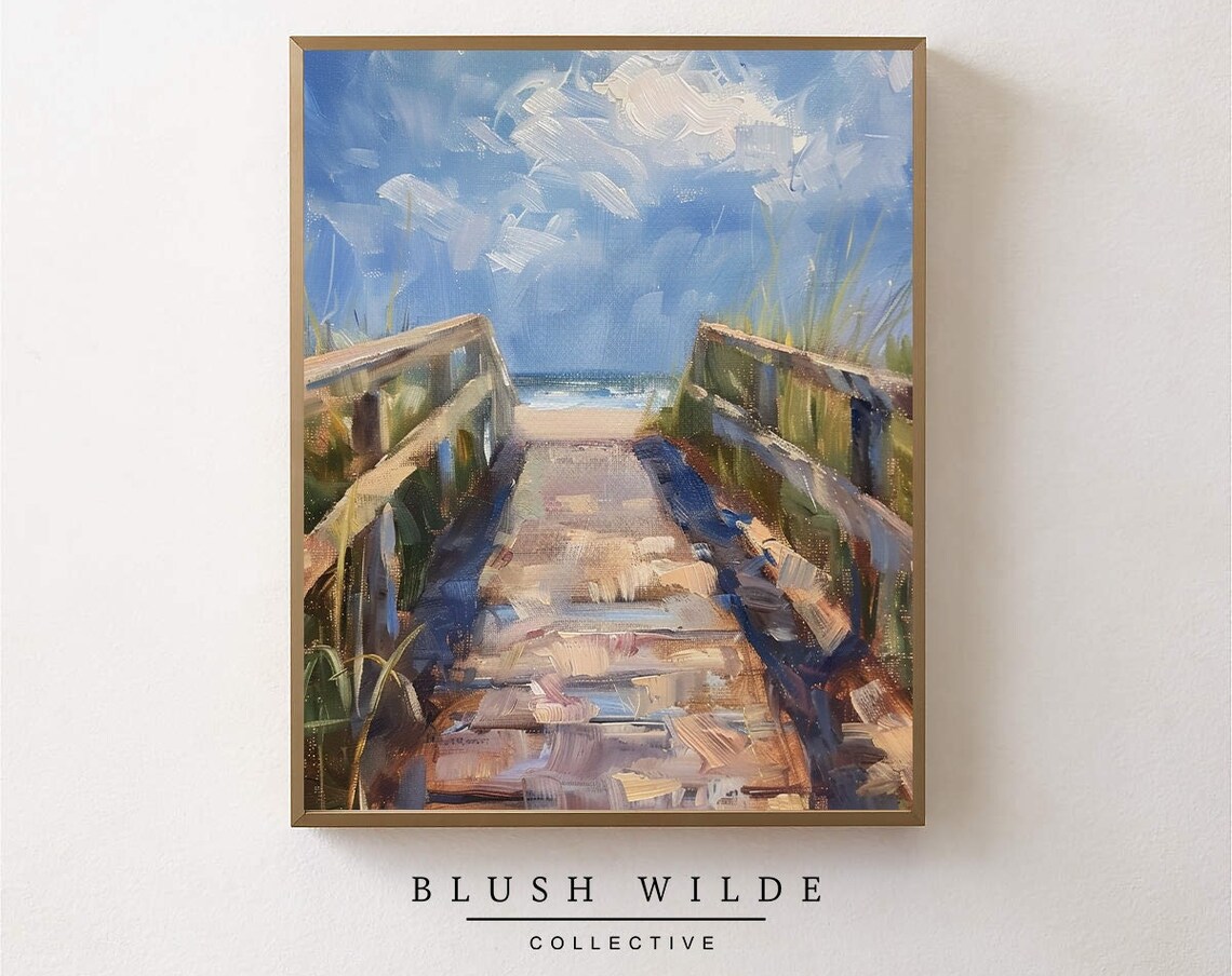 Wooden Boardwalk Path To The Beach Coastal Dunes Painting Print