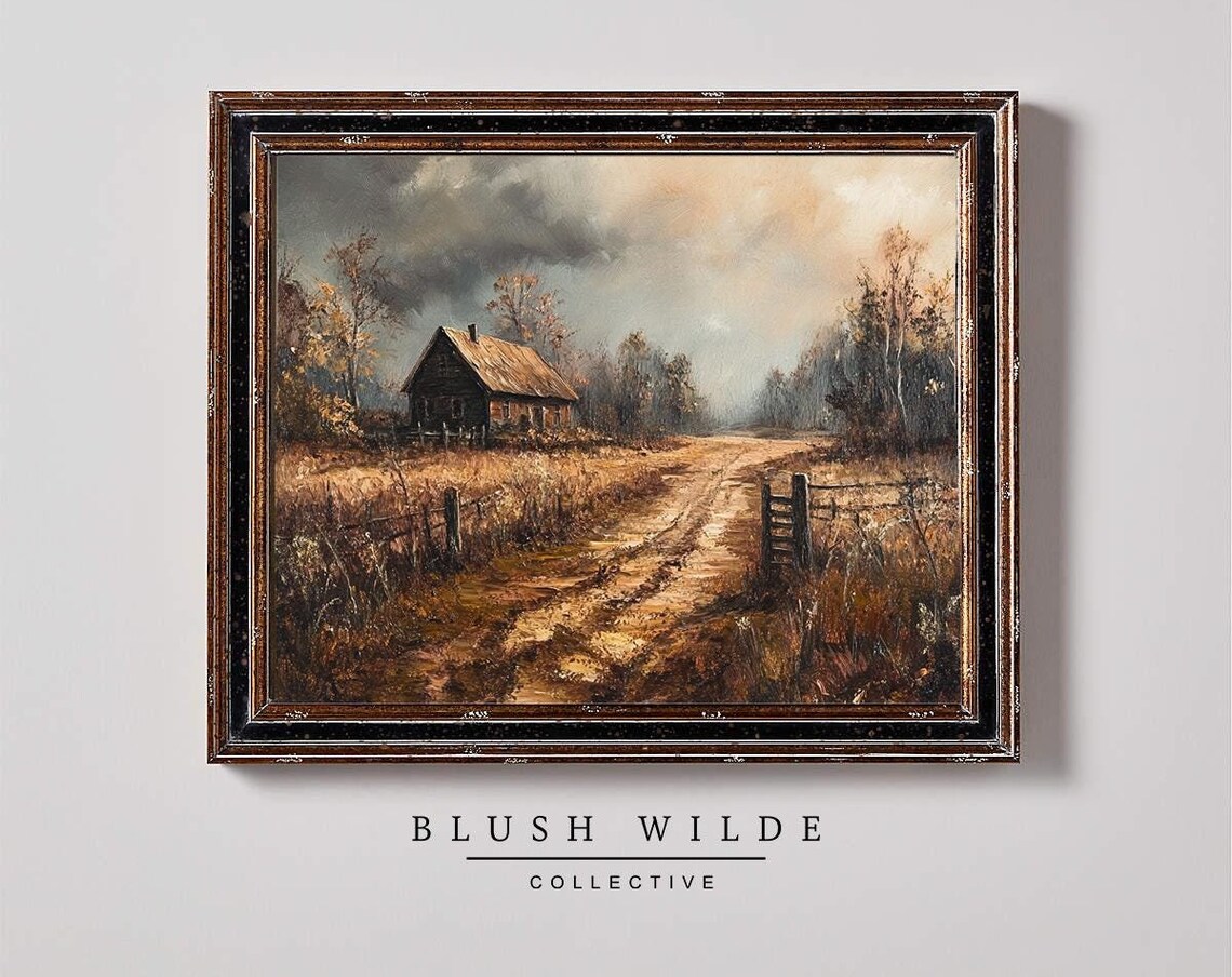 Rustic Barn Dirt Road Autumn Dusk Vintage Oil Painting Poster