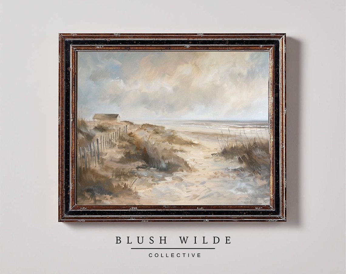Neutral Beach Oil Painting Vintage Coastal Art Print