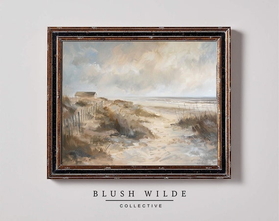 Neutral Beach Oil Painting Vintage Coastal Art Print
