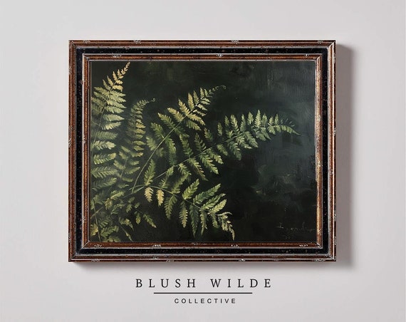 Vintage Fern Oil Painting, Moody Botanical Art Print