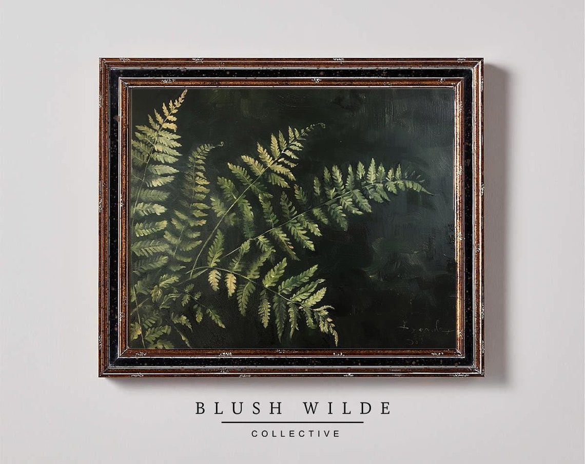 Vintage Fern Oil Painting, Moody Botanical Art Print