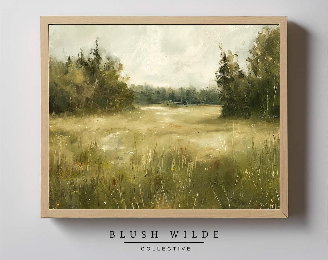 Peaceful Green Meadow Field Soft Morning Landscape Oil Painting Poster