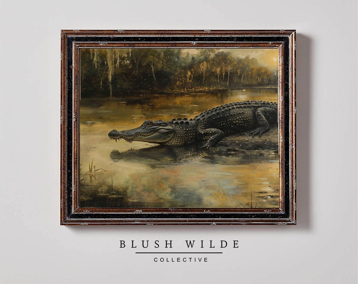 Vintage Alligator Art Print, Moody Swamp Scene