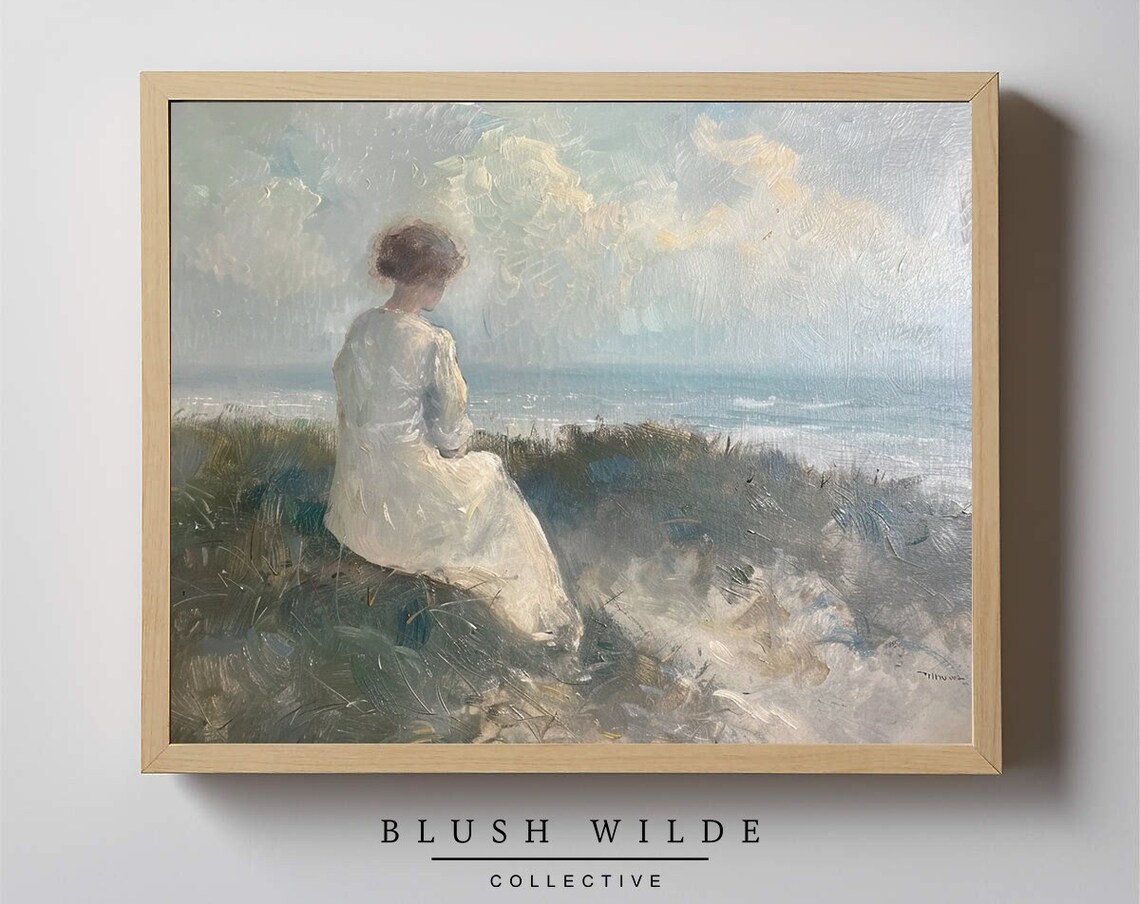 Woman In White Gazing At The Sea Coastal Dune Painting Print