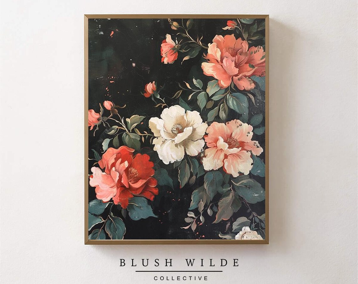 Coral Peony Floral Oil Painting Dark Moody Botanical Art Poster