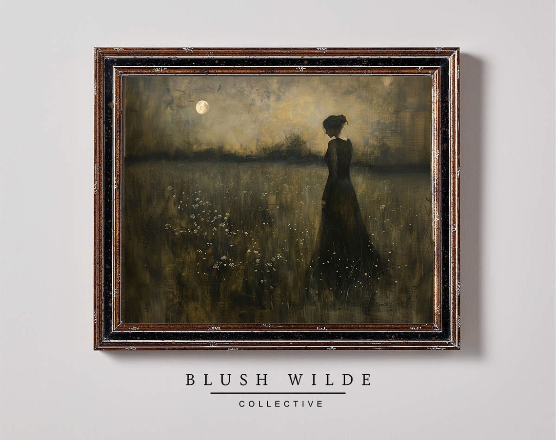 Woman In Dark Dress Moonlit Field Vintage Moody Oil Painting Poster