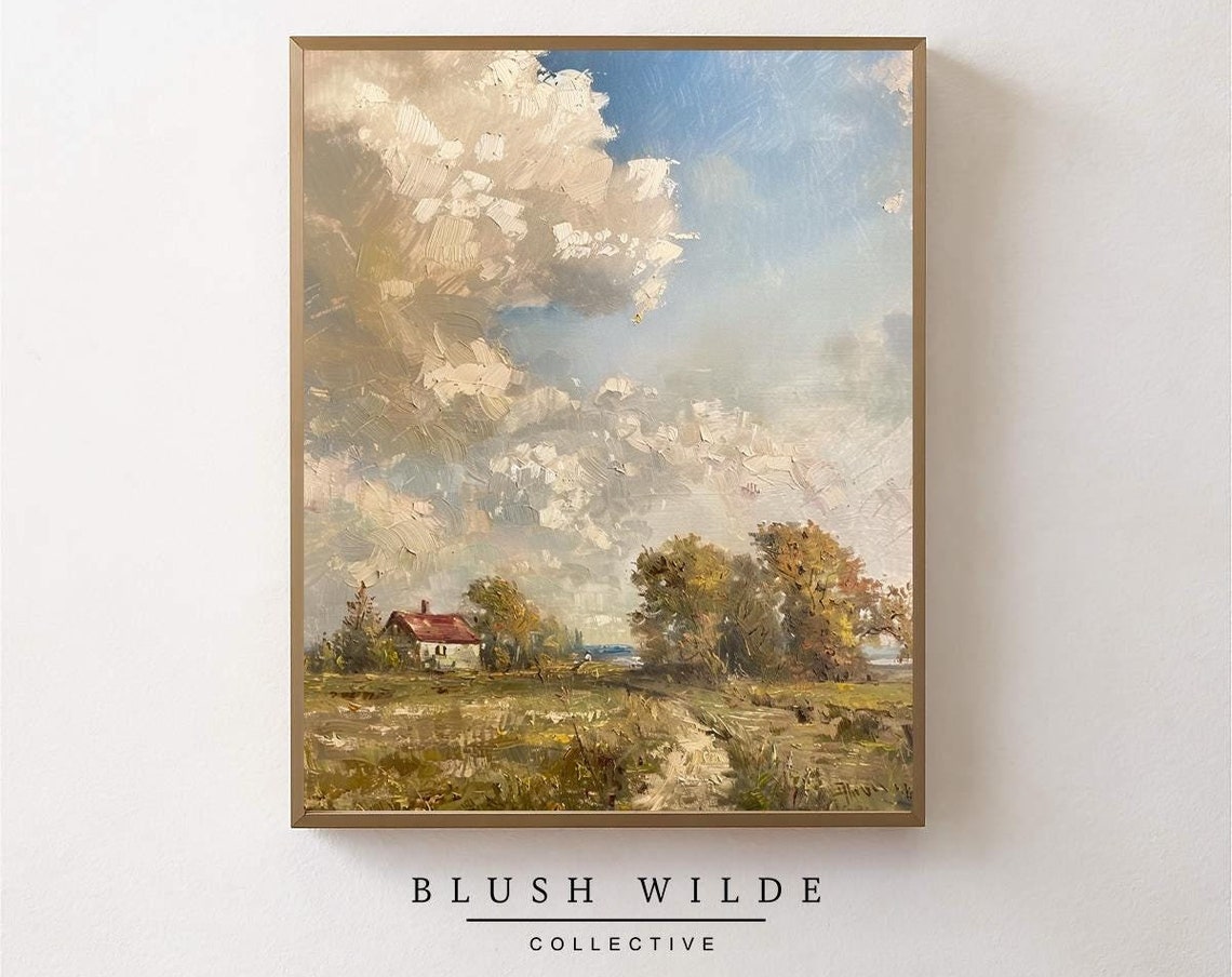 Countryside Cottage Under Dramatic Clouds Vintage Oil Landscape Print