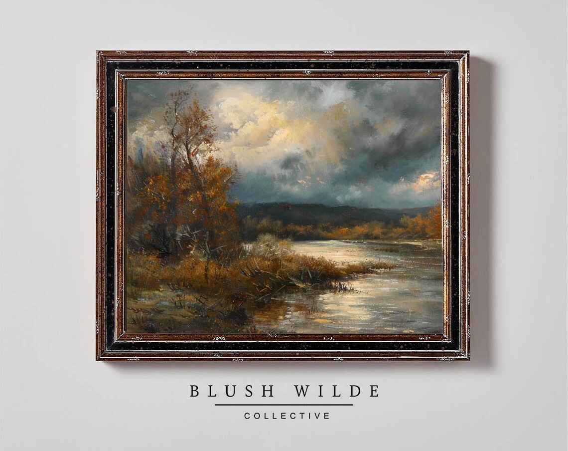Moody River Landscape Under Dark Clouds Autumn Oil Painting Print