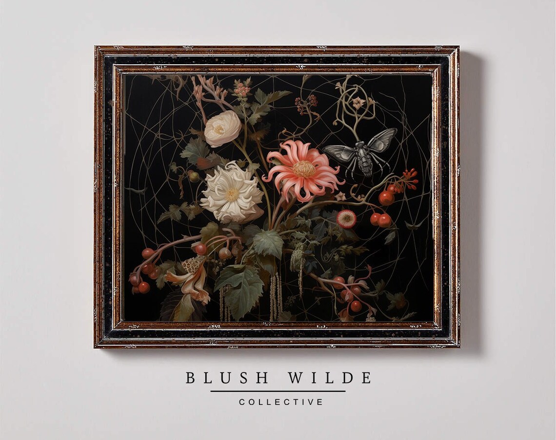 Dark Floral Bouquet With Moth On Spiderweb Gothic Painting Poster