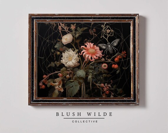 Dark Floral Bouquet With Moth On Spiderweb Gothic Painting Poster