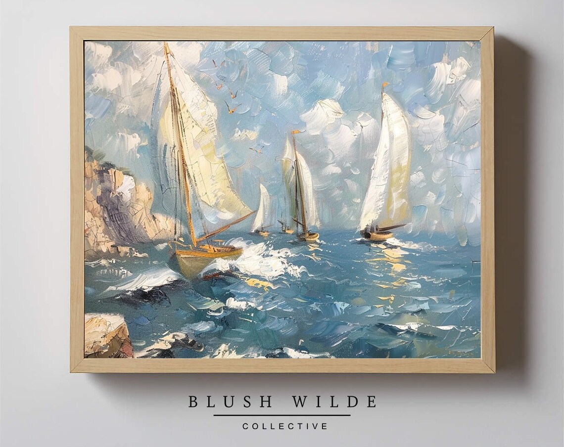 Vintage Sailboats Racing Blue Sea Impressionist Coastal Art Poster