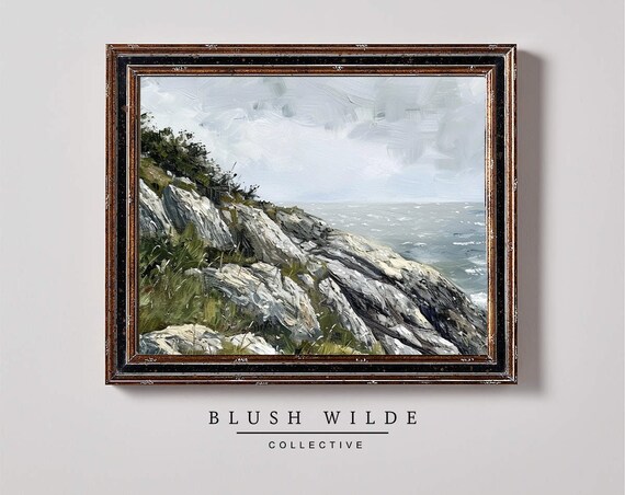 Rocky Coastal Cliffs Above Ocean Waves Seascape Painting Print