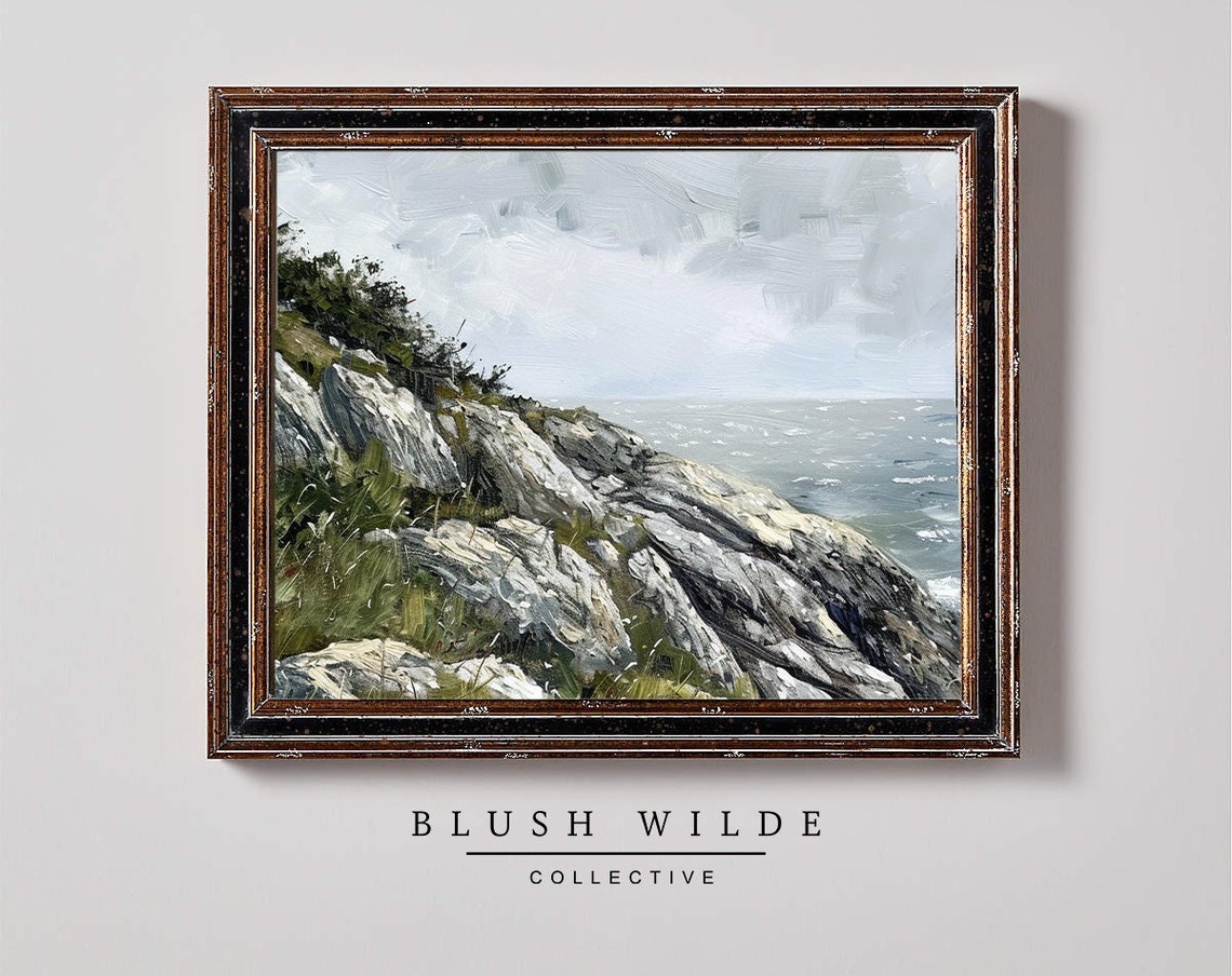 Rocky Coastal Cliffs Above Ocean Waves Seascape Painting Print