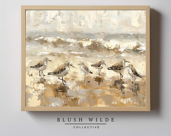 Sandpiper Shorebirds on Beach Neutral Coastal Oil Painting Poster