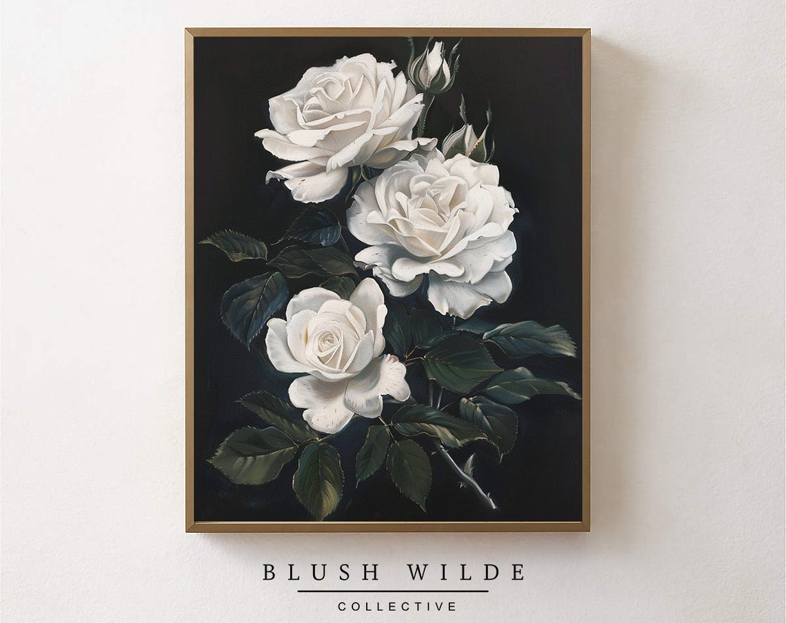 White Roses On Dark Black Background Moody Botanical Art Poster
