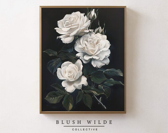 White Roses On Dark Black Background Moody Botanical Art Poster