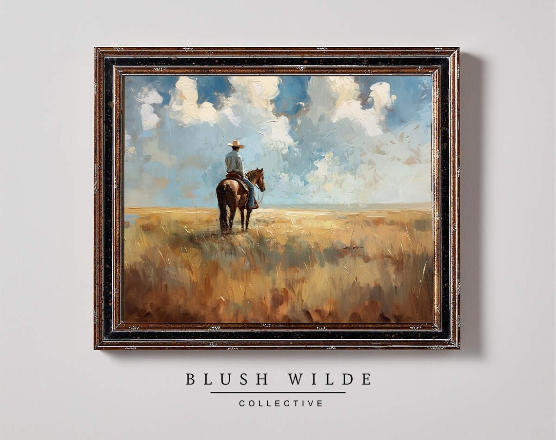 Lone Cowboy on Horseback Golden Prairie Western Oil Painting Poster