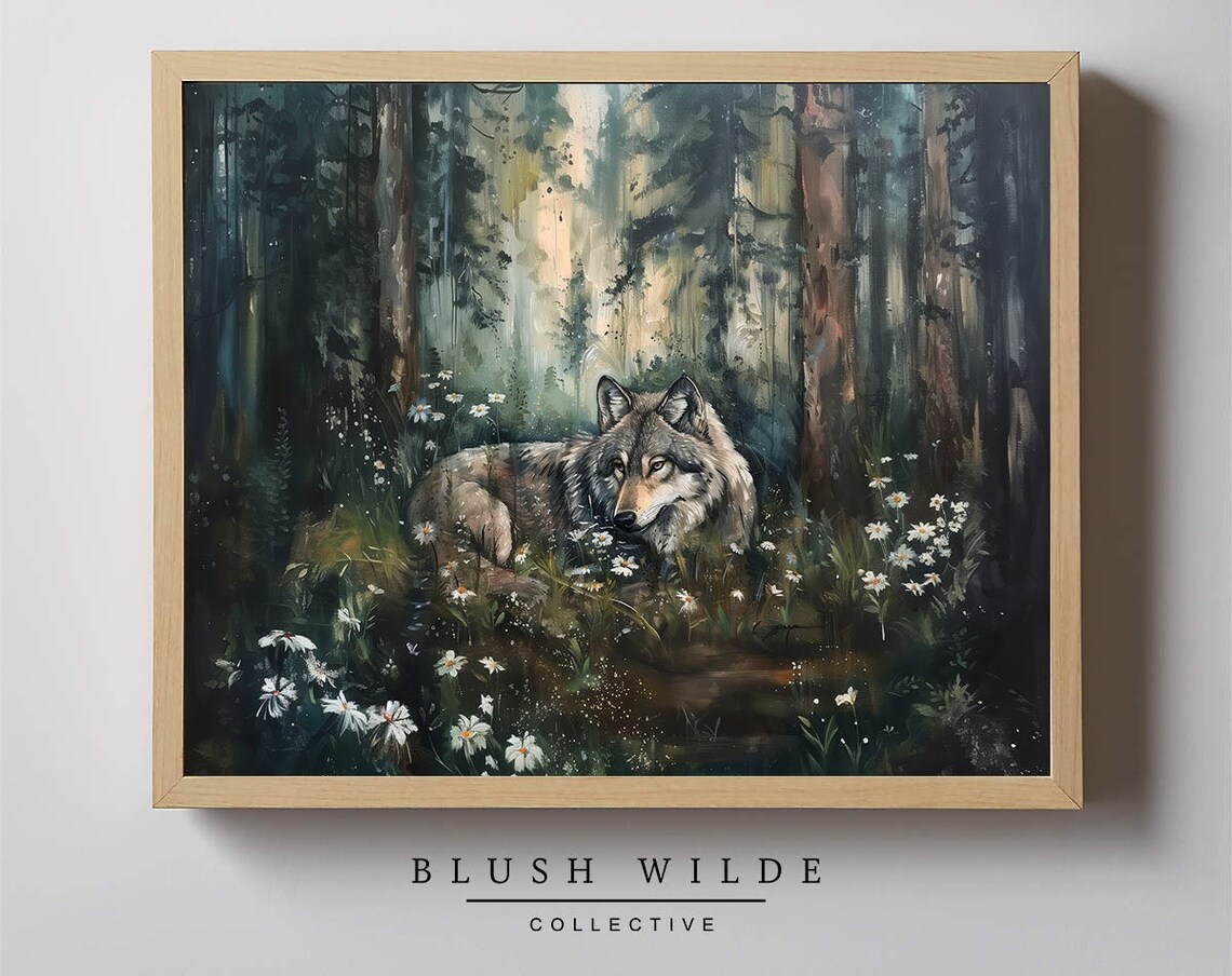 Vintage Wolf Art Print, Moody Forest Style