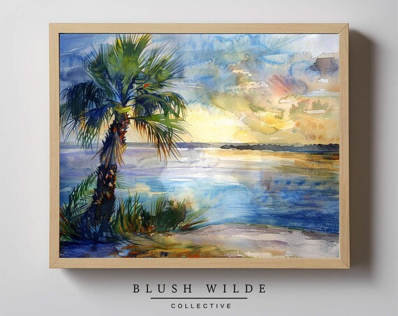 Florida Palm Tree At Sunset Over Water Vintage Coastal Watercolor Poster
