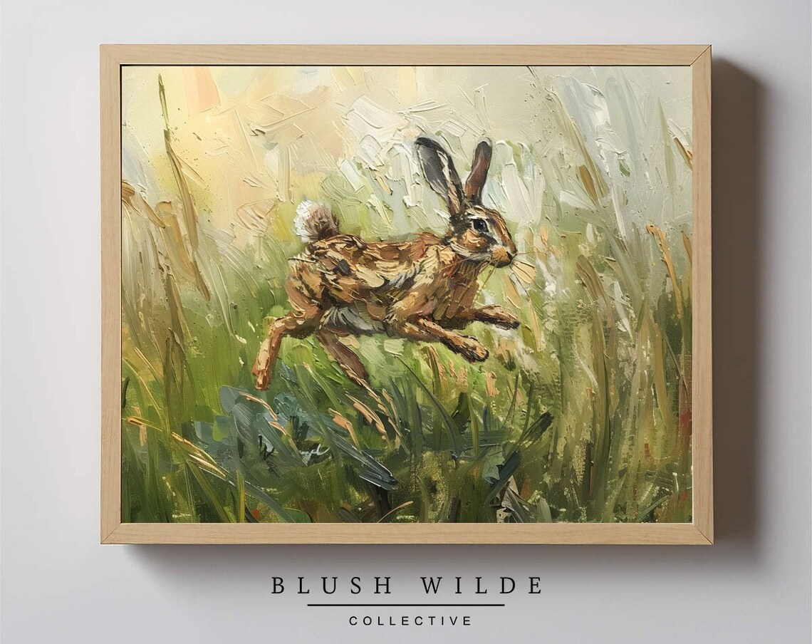 Leaping Hare Meadow Grass Vintage Style Wildlife Oil Painting Poster