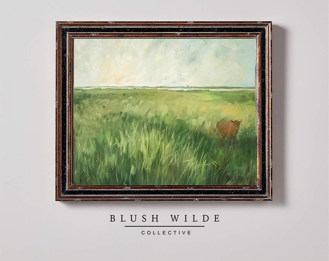 Brown Cow in Green Grass Field Moody Pasture Oil Painting Poster
