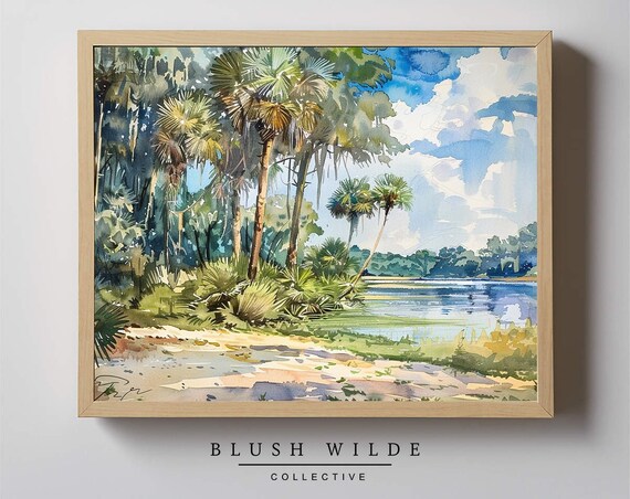Florida Palm Trees Lake Watercolor Landscape Painting Poster