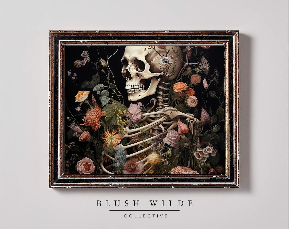 Floral Skeleton With Wildflowers Moody Dark Botanical Painting Poster
