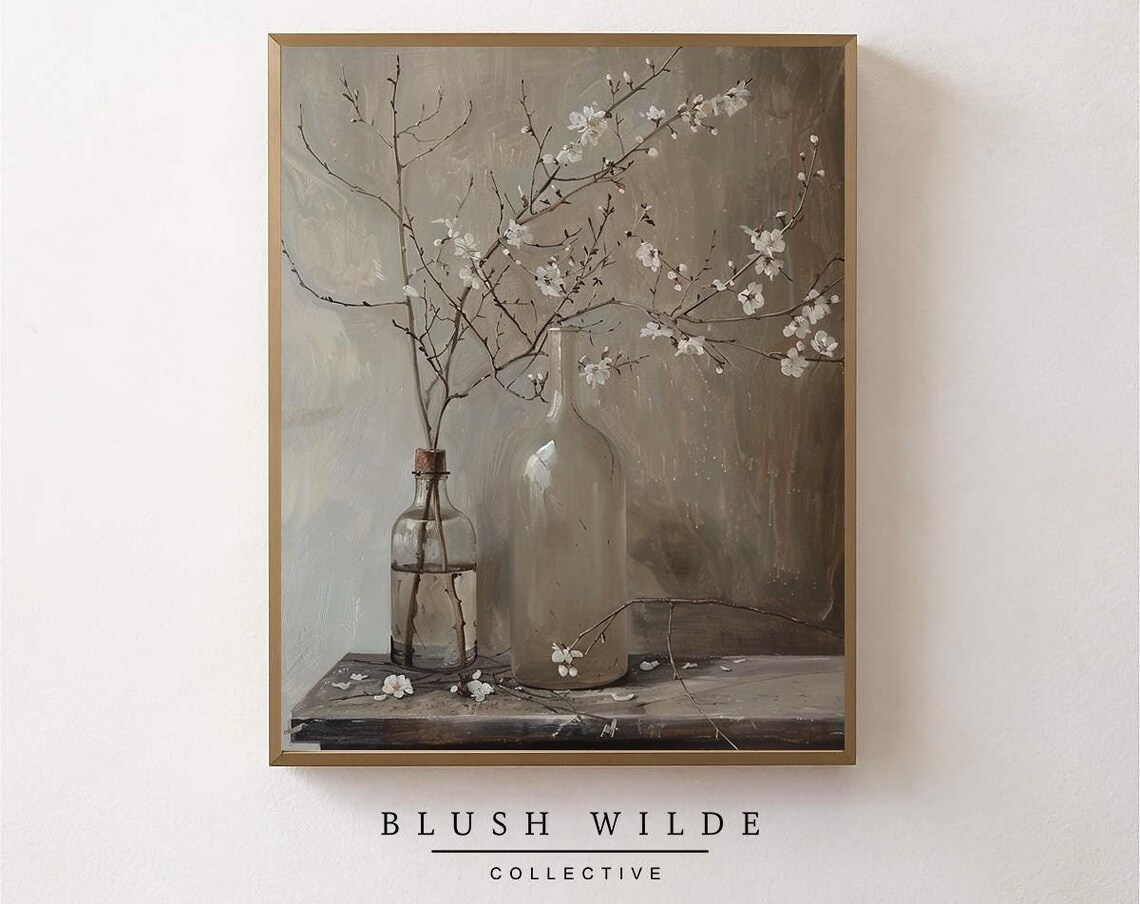 Glass Bottles With White Blossom Branches Vintage Still Life Poster