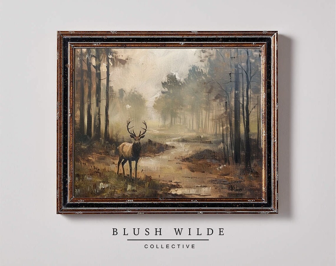 Vintage Deer Art Print, Moody Forest Scene