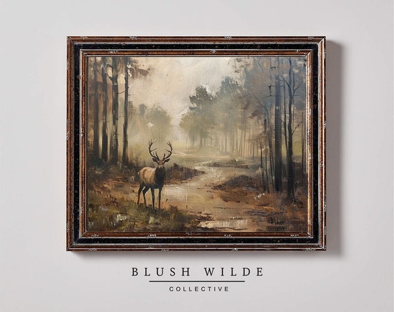 Vintage Deer Art Print, Moody Forest Scene