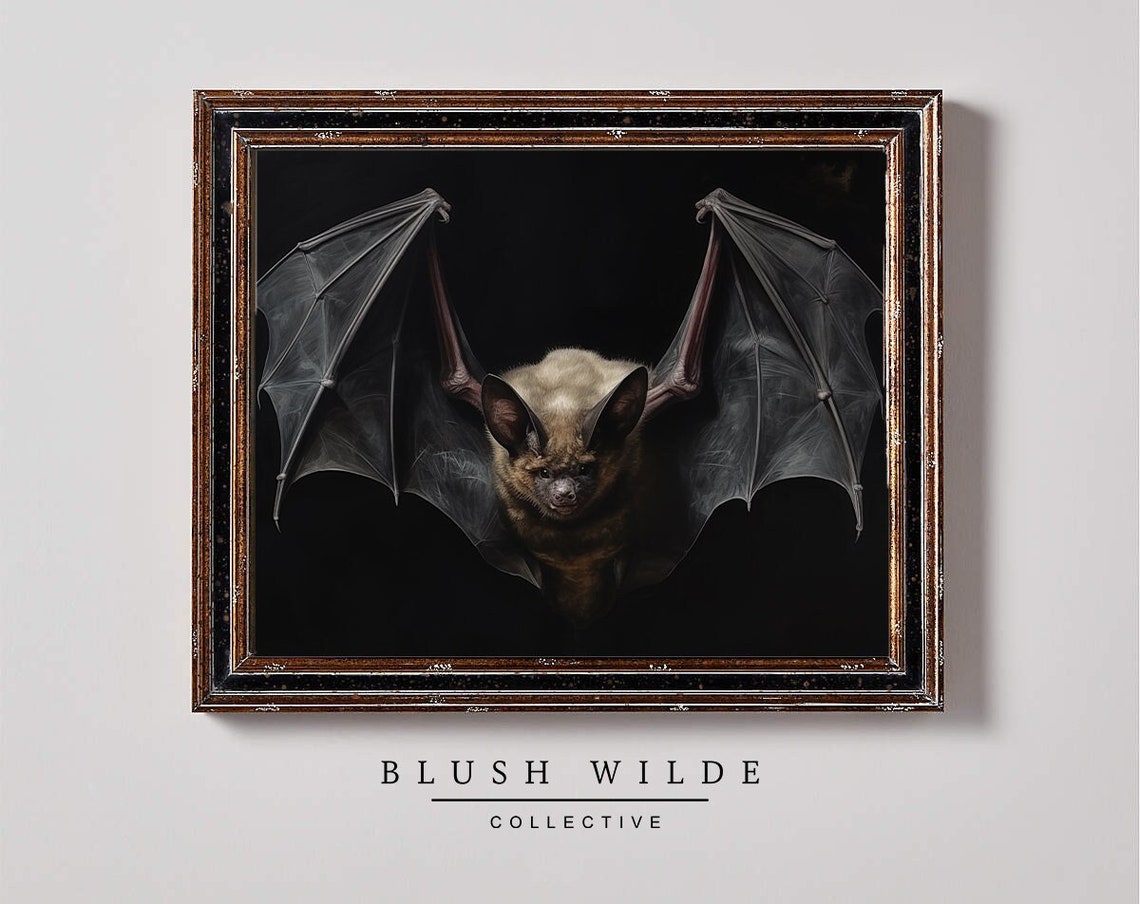 Bat With Spread Wings Dark Background Gothic Wildlife Painting Print