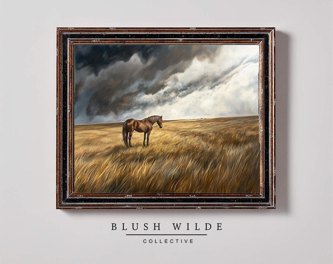 Lone Horse in Golden Wheat Field Under Stormy Sky Painting Poster