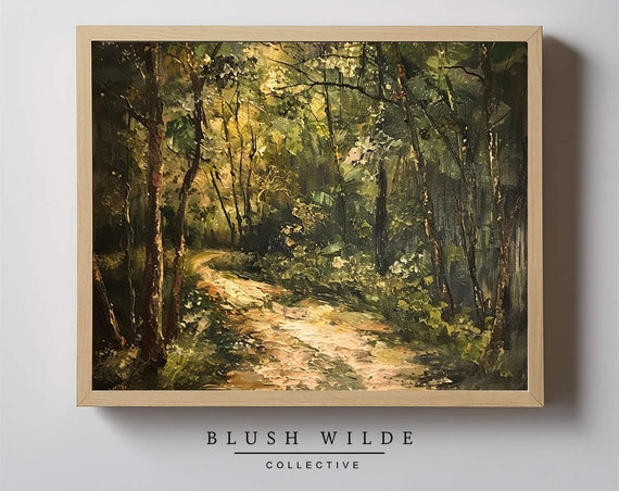 Whimsical Forest Path Oil Painting Vintage Moody Art