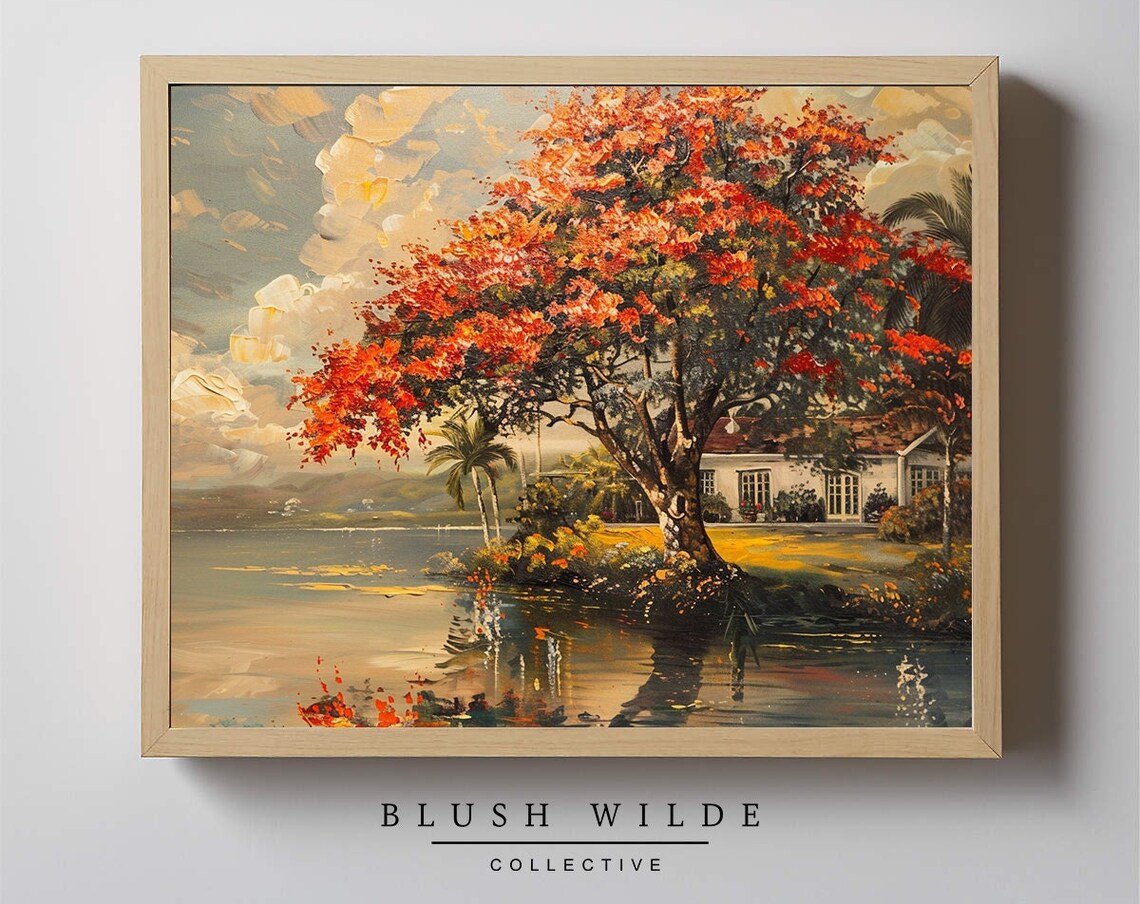 Royal Poinciana Red Blossoms Lake Vintage Tropical Painting Poster