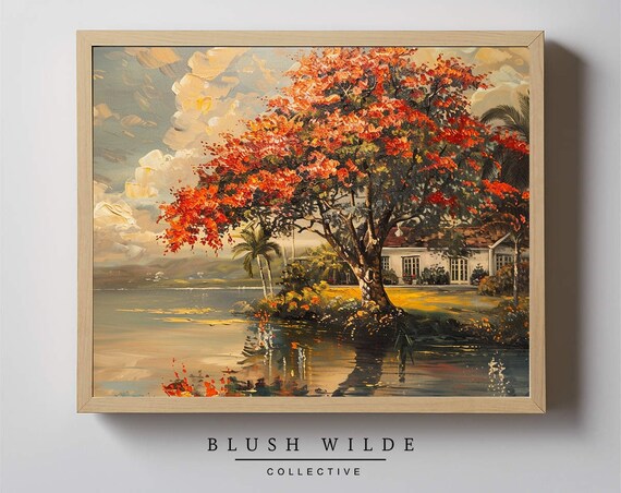 Royal Poinciana Red Blossoms Lake Vintage Tropical Painting Poster