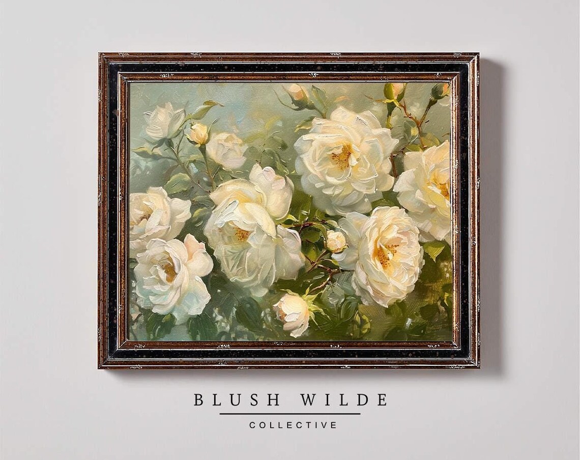 Vintage White Roses Oil Painting Floral Art Print