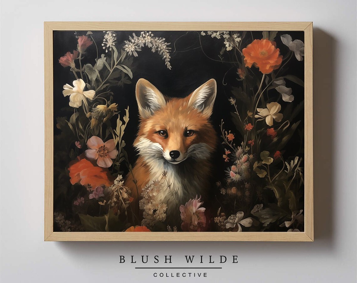 Moody Fox Portrait Floral Acrylic Painting Art Print