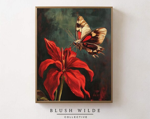 Vintage Moth Oil Painting Print Moody Floral Art