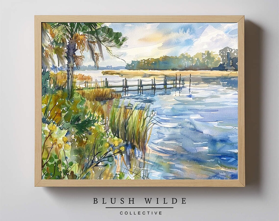 Palm Lagoon Wooden Dock Marsh Watercolor Coastal Painting Poster