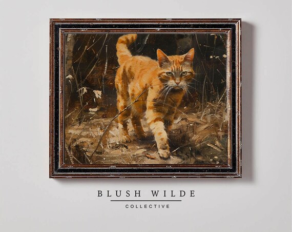 Ginger Orange Tabby Cat Vintage Moody Oil Painting Feline Wall Art