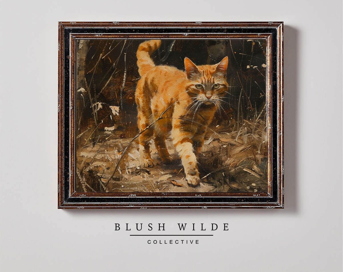 Ginger Orange Tabby Cat Vintage Moody Oil Painting Feline Wall Art